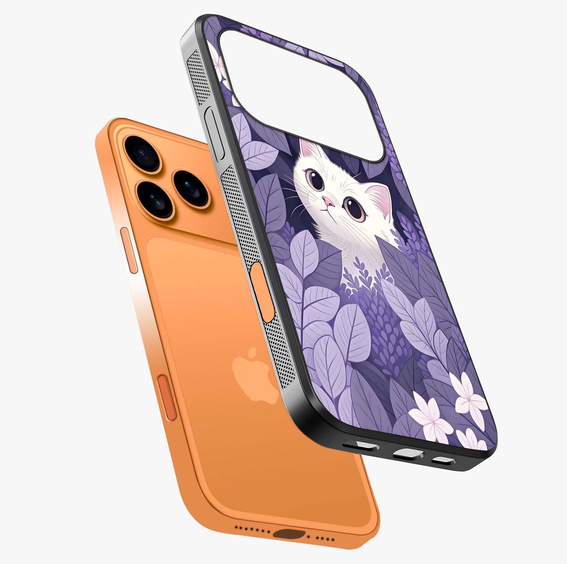 Lilac Hide Peek Cat Glass Case laid diagonally highlighting side profile, edges and glossy glass shine.