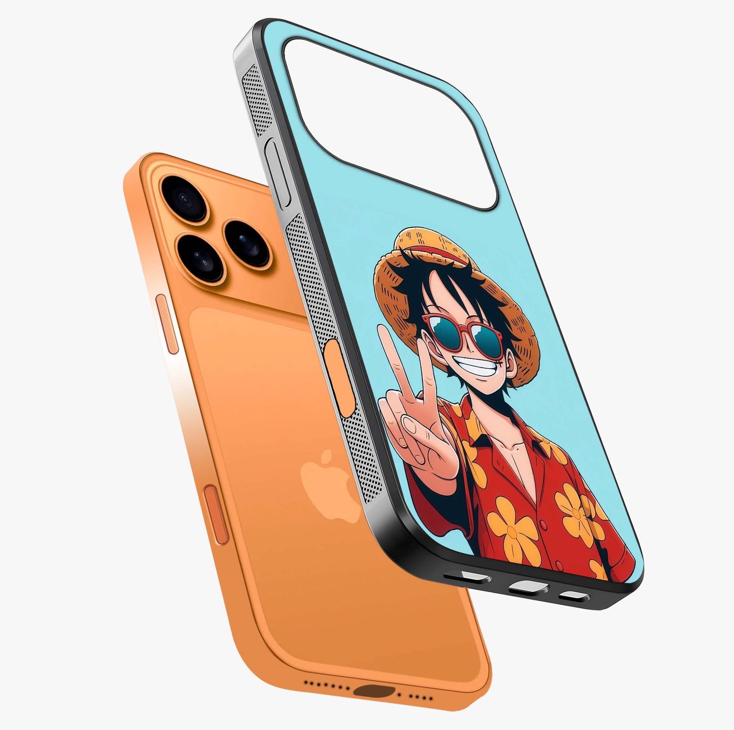 Luffy Summer Anime Vibe Glass Case laid diagonally highlighting side profile, edges and glossy glass shine.