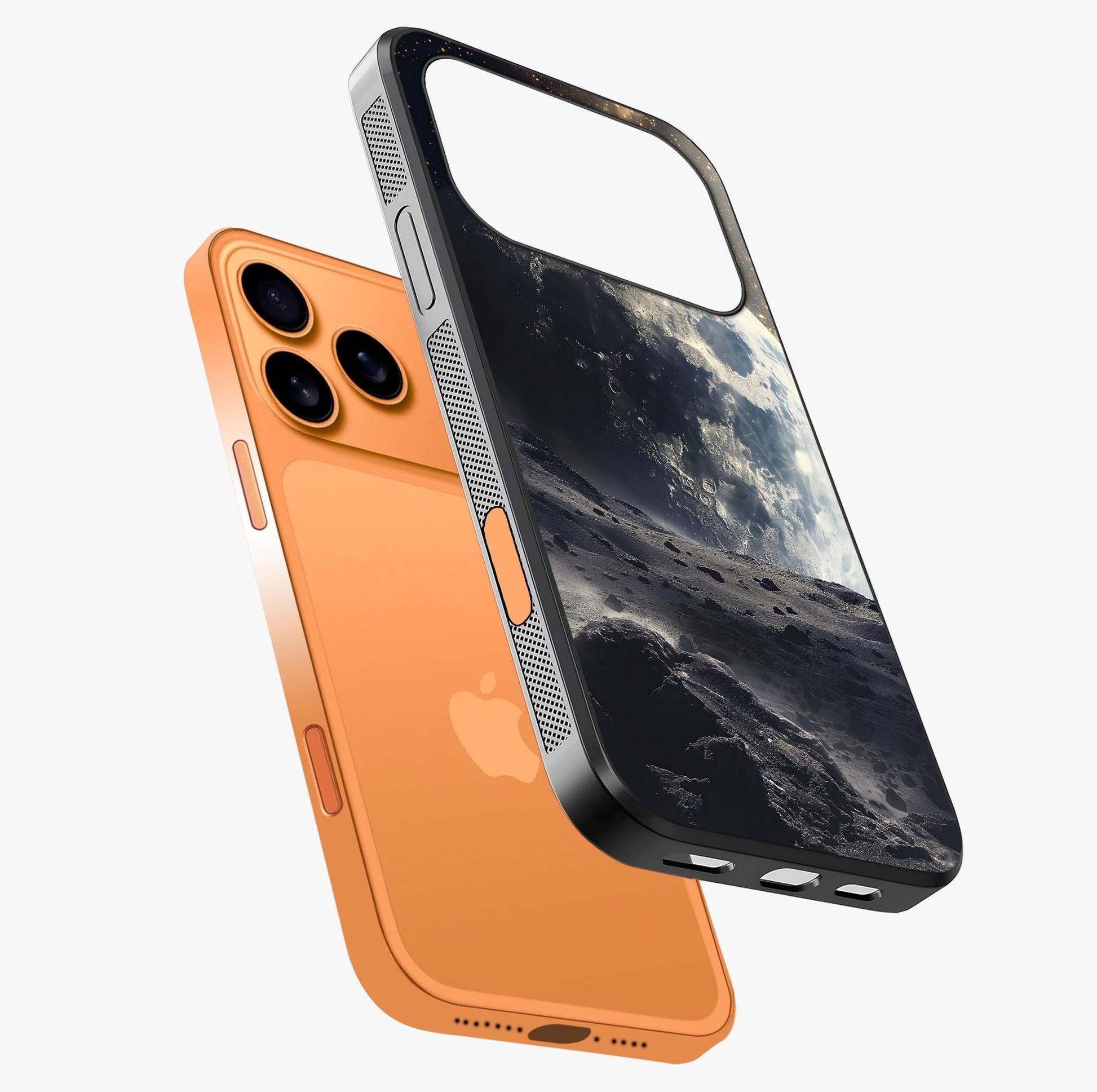 Lunar Horizon Glow Glass Case laid diagonally highlighting side profile, edges and glossy glass shine.
