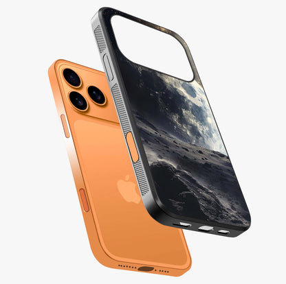 Lunar Horizon Glow Glass Case laid diagonally highlighting side profile, edges and glossy glass shine.
