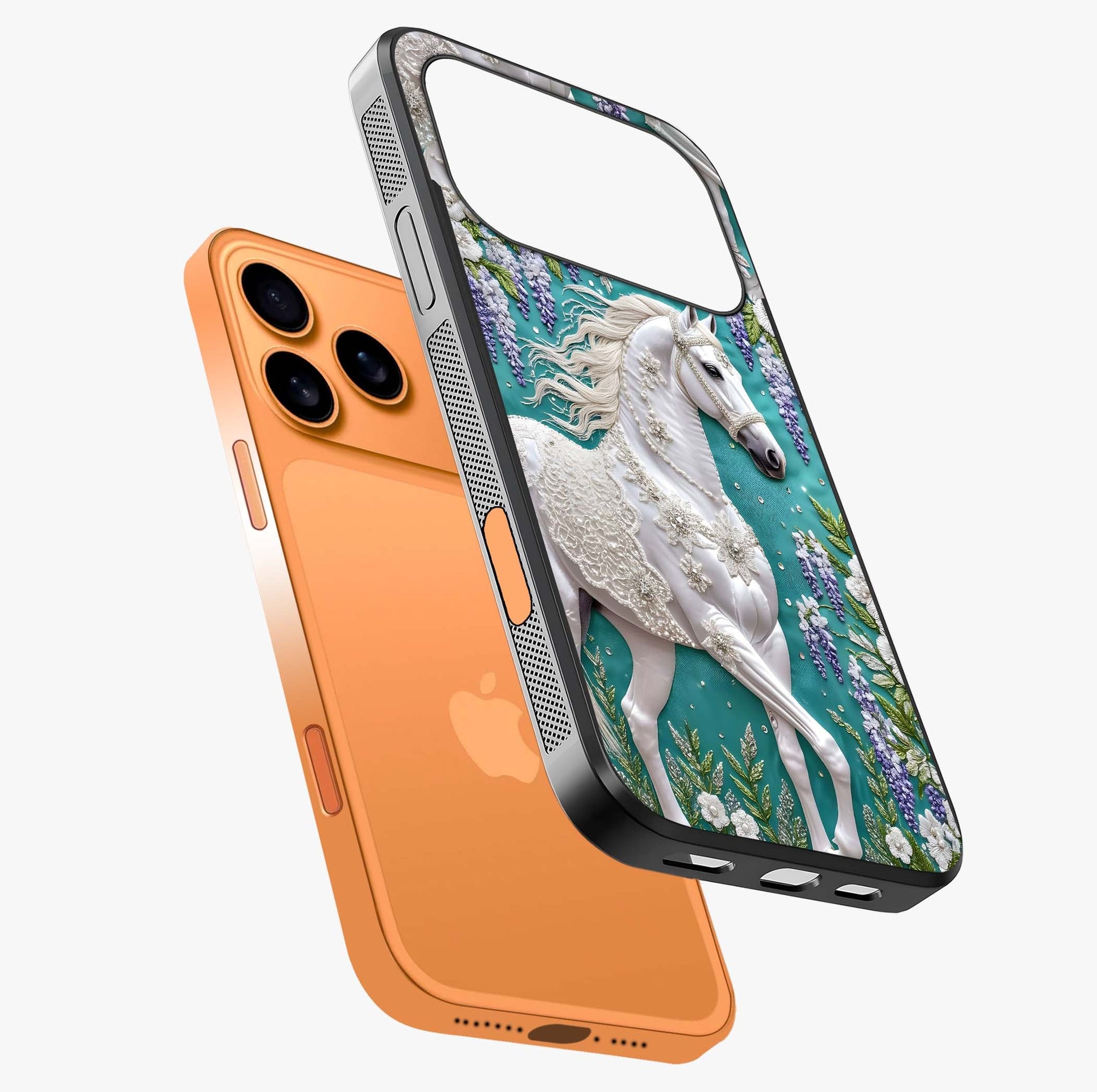 Majestic Floral Stallion Glass Case laid diagonally highlighting side profile, edges and glossy glass shine.