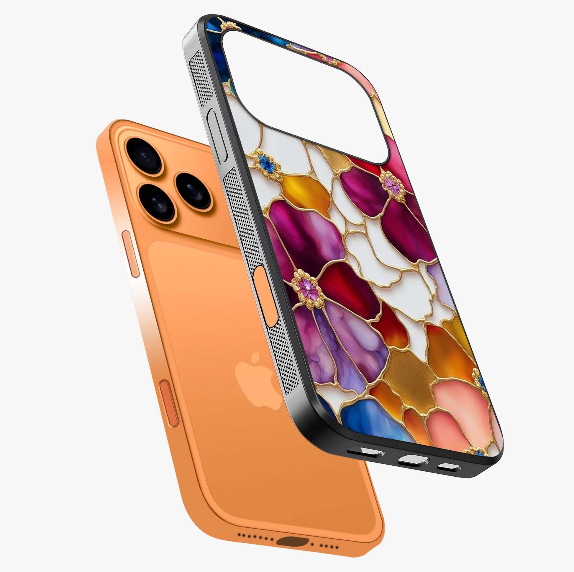 Marble Flower Pattern Glass Case laid diagonally highlighting side profile, edges and glossy glass shine.