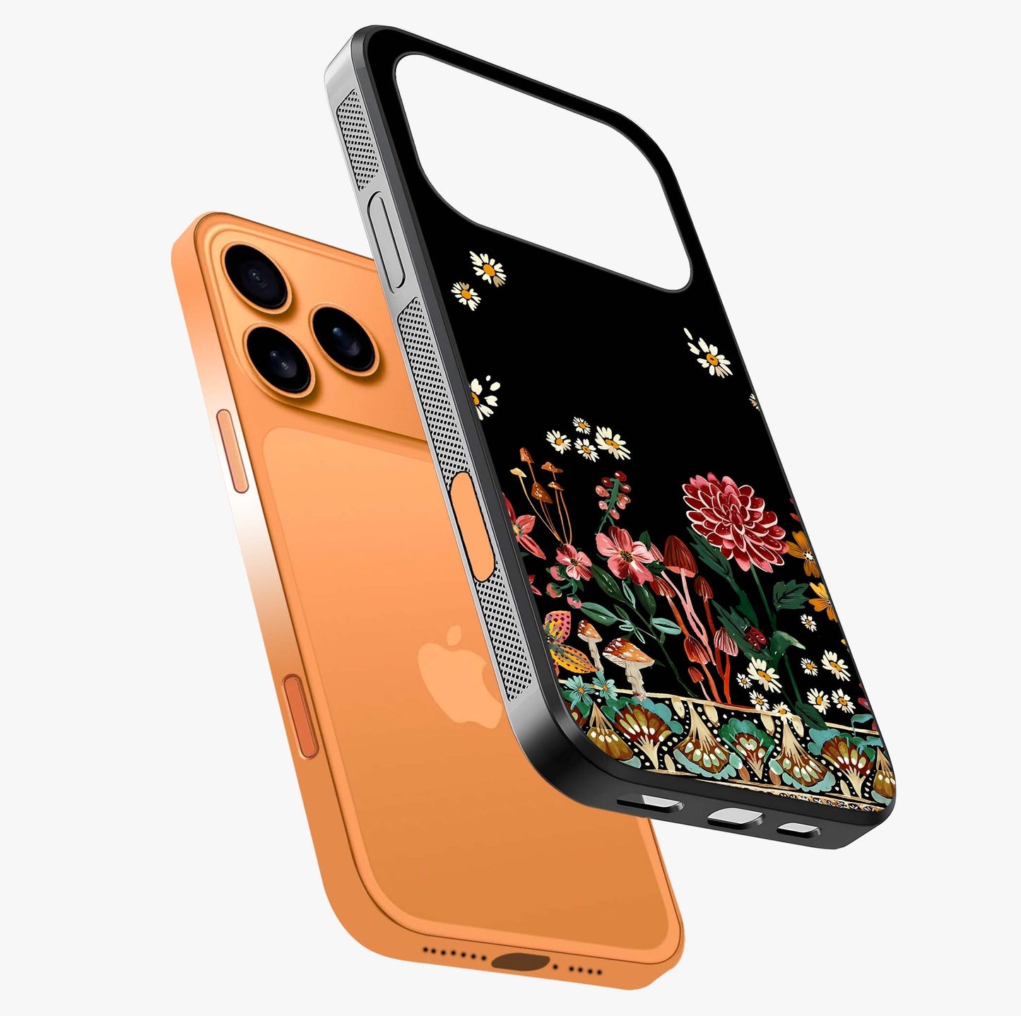 Midnight Bloom Pattern Glass Case laid diagonally highlighting side profile, edges and glossy glass shine.