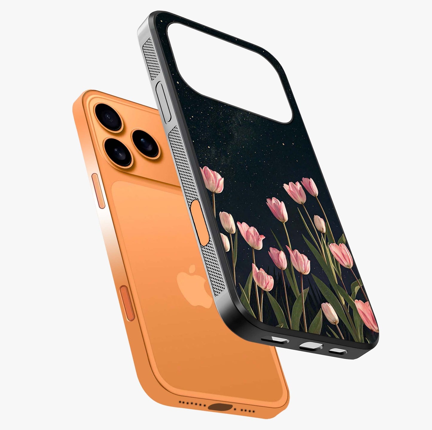 Midnight Tulip Whispers Vibe Glass Case laid diagonally highlighting side profile, edges and glossy glass shine.