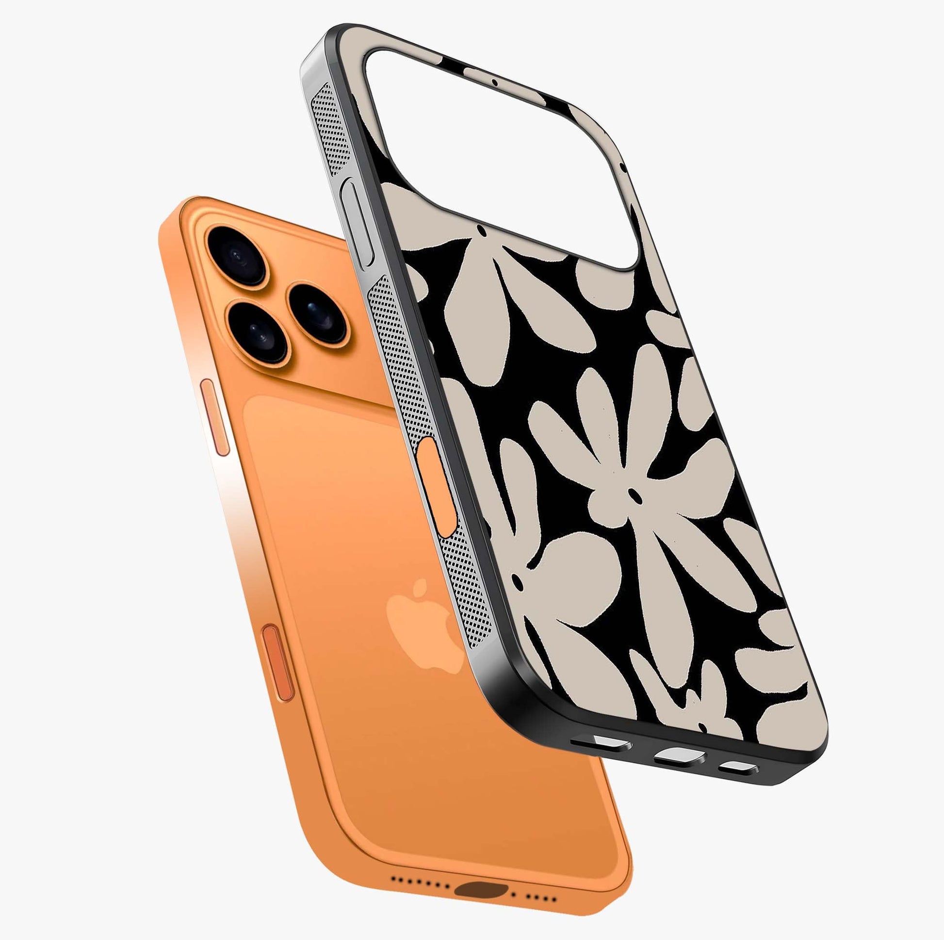 Monochrome Petal Dance Glass Case laid diagonally highlighting side profile, edges and glossy glass shine.