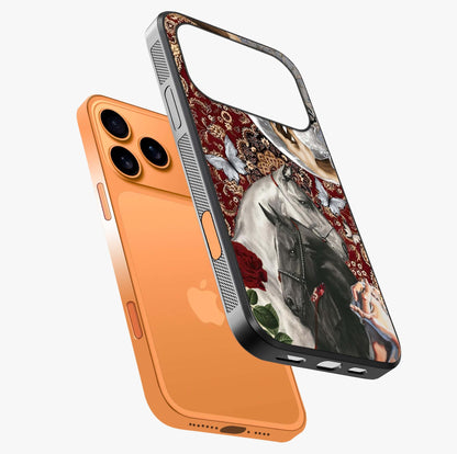 Moonlit Royal Stallion Glass Case laid diagonally highlighting side profile, edges and glossy glass shine.