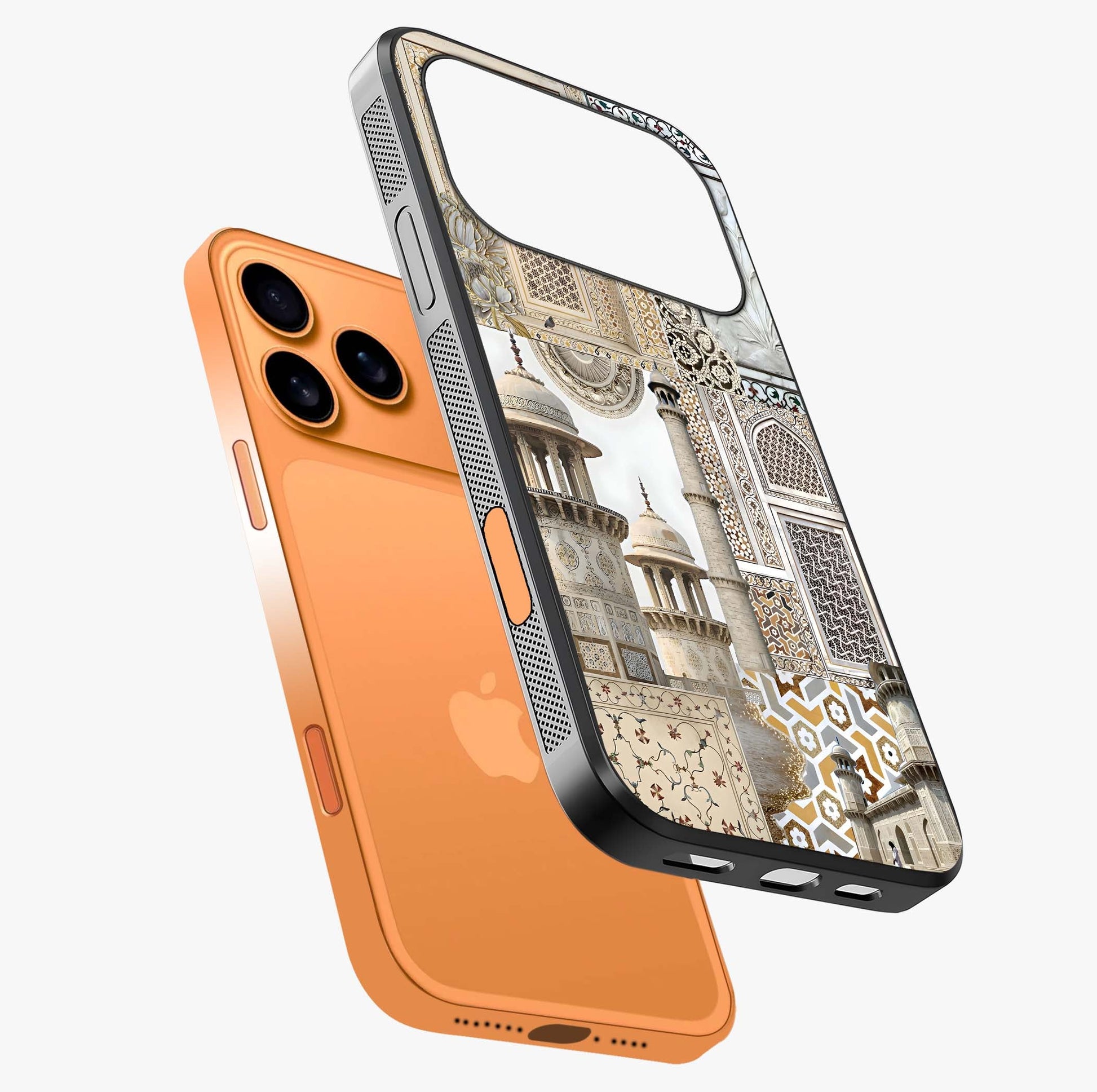 Mughal Marble Legacy Glass Case laid diagonally highlighting side profile, edges and glossy glass shine.