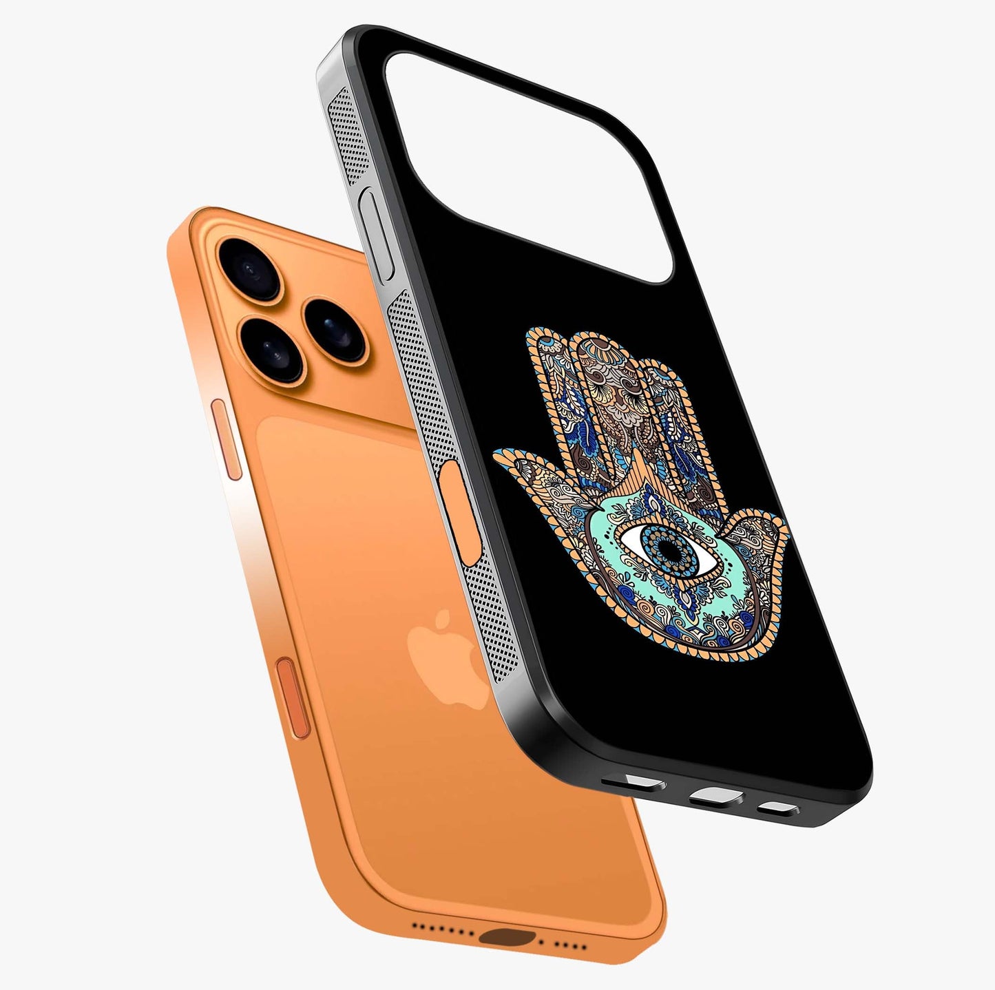 Mystic Hamsa Eye Glass Case laid diagonally highlighting side profile, edges and glossy glass shine.