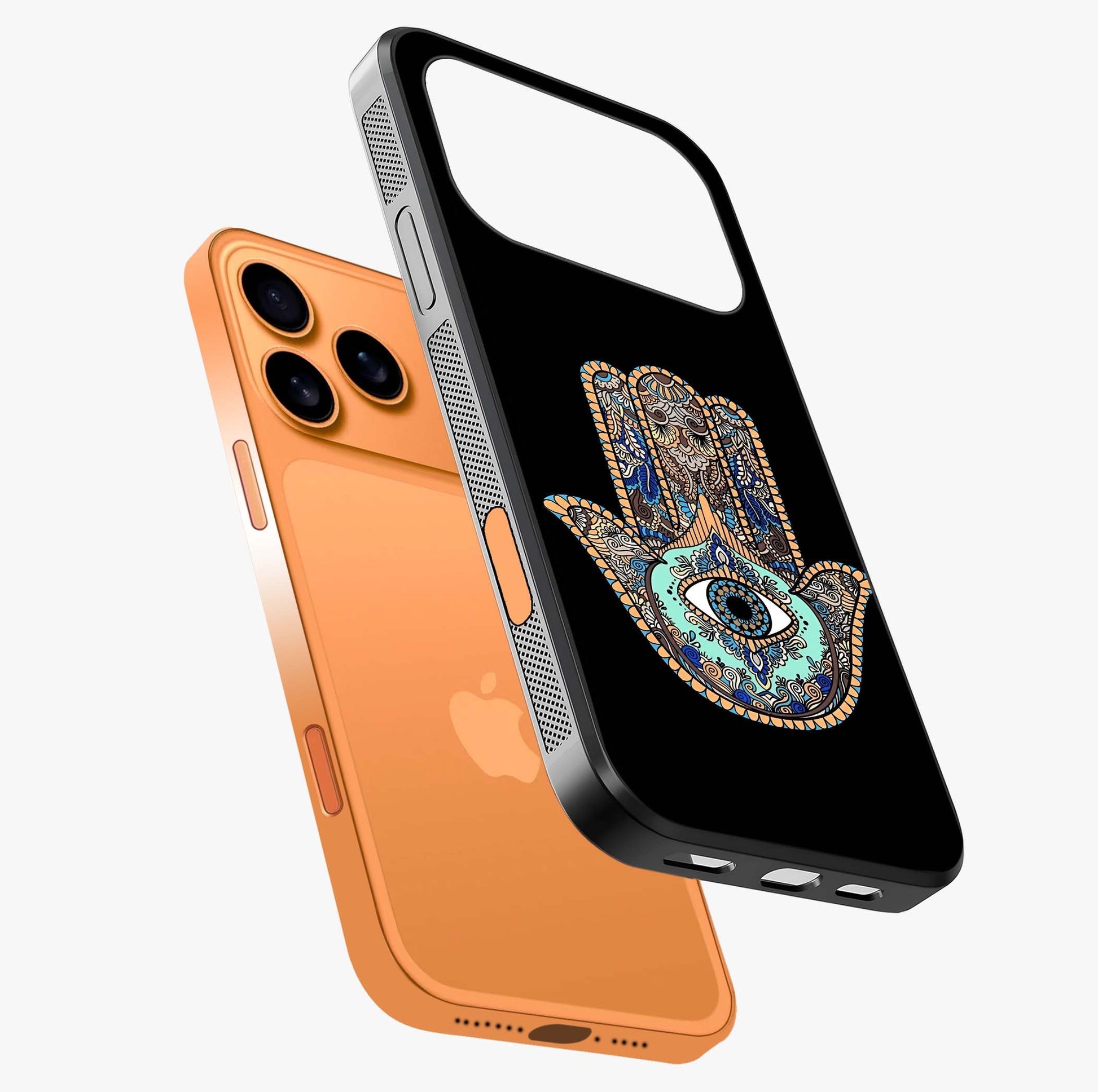 Mystic Hamsa Eye Glass Case laid diagonally highlighting side profile, edges and glossy glass shine.