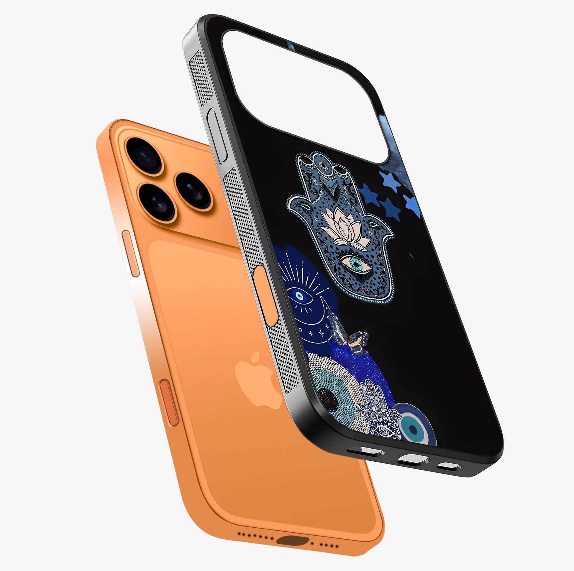 Mystic Hand Aura Glass Case laid diagonally highlighting side profile, edges and glossy glass shine.