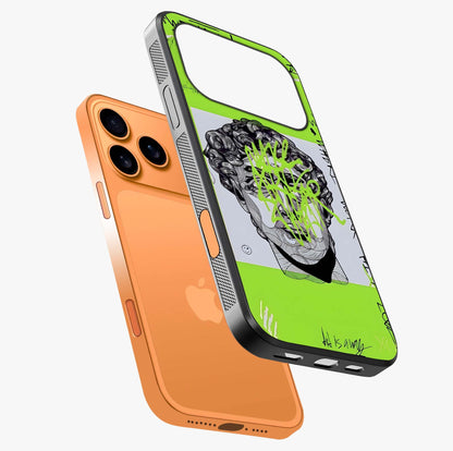 Neo Graffiti Rebellion Glass Case laid diagonally highlighting side profile, edges and glossy glass shine.