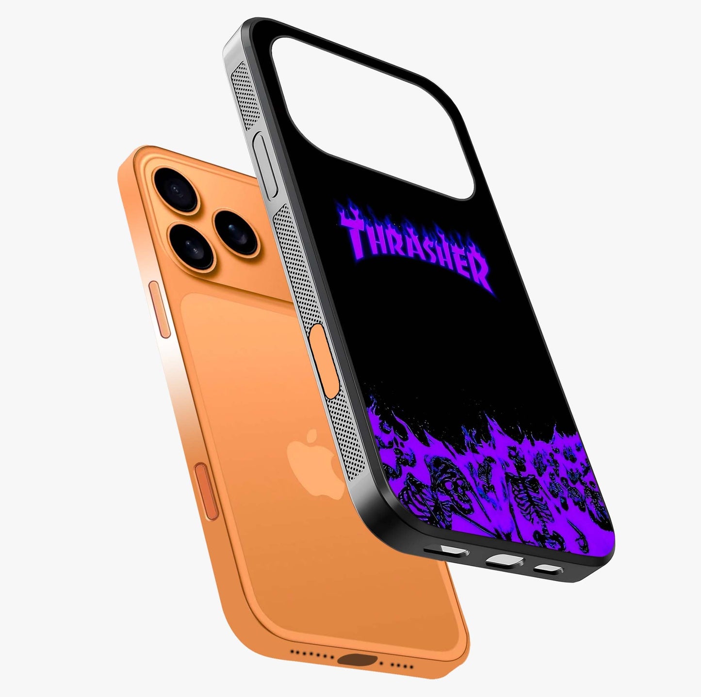 Neon Flame Riot Glass Case laid diagonally highlighting side profile, edges and glossy glass shine.