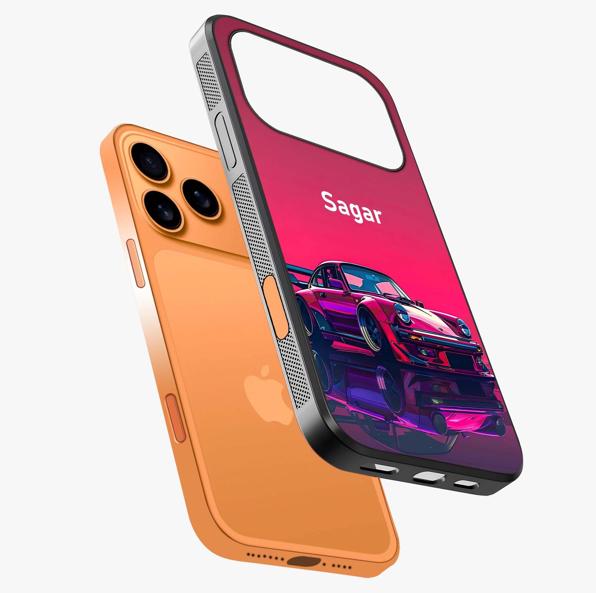 Neon Pink Porsche Glass Case laid diagonally highlighting side profile, edges and glossy glass shine.