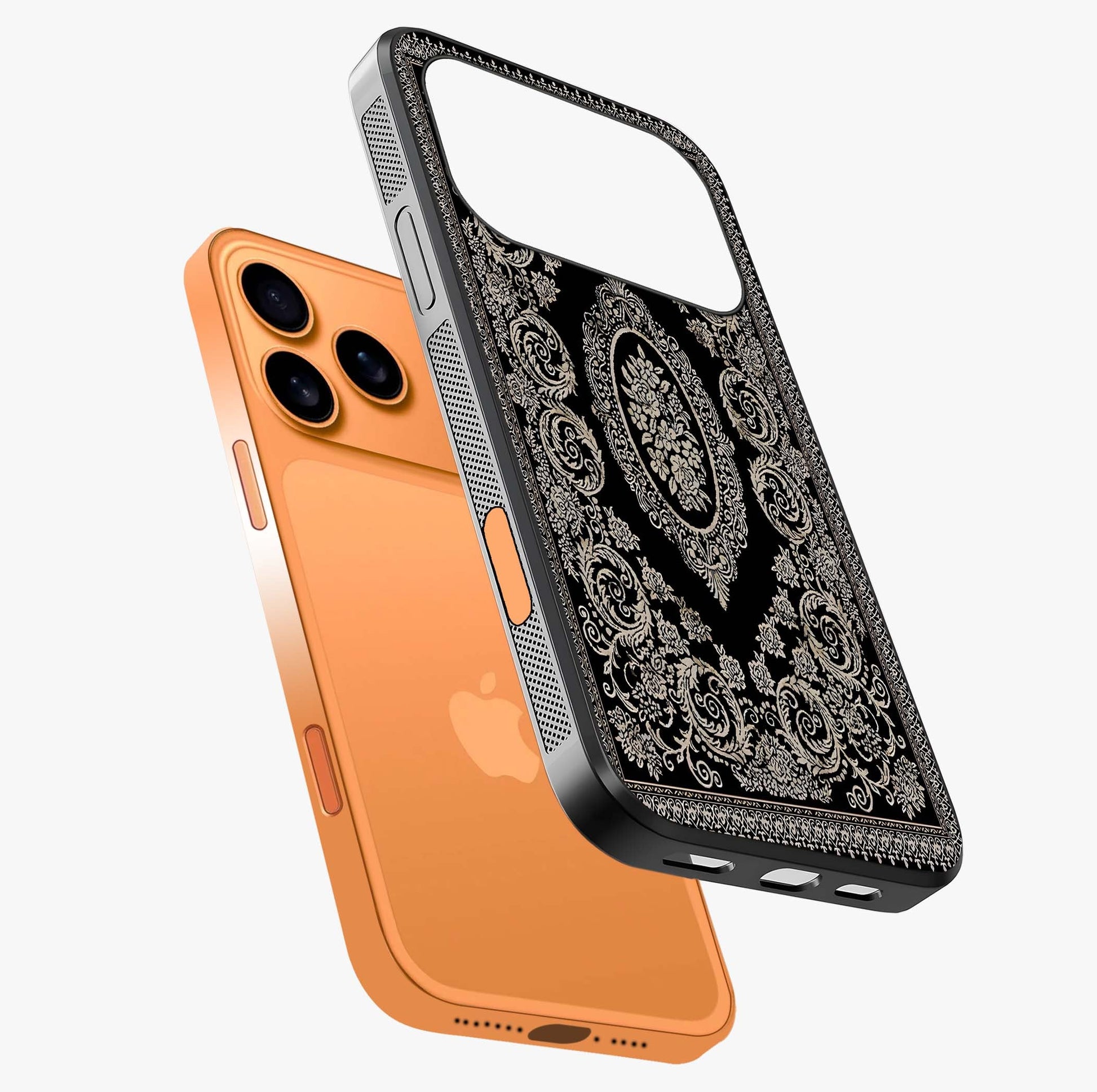 Noir Bloom Elegance Glass Case laid diagonally highlighting side profile, edges and glossy glass shine.