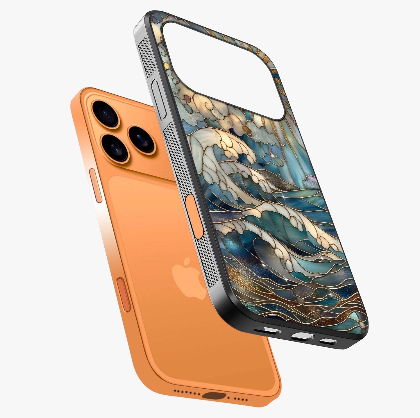 Oceanic Stained Printed Glass Case laid diagonally highlighting side profile, edges and glossy glass shine.