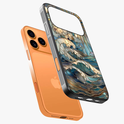 Oceanic Stained Printed Glass Case laid diagonally highlighting side profile, edges and glossy glass shine.