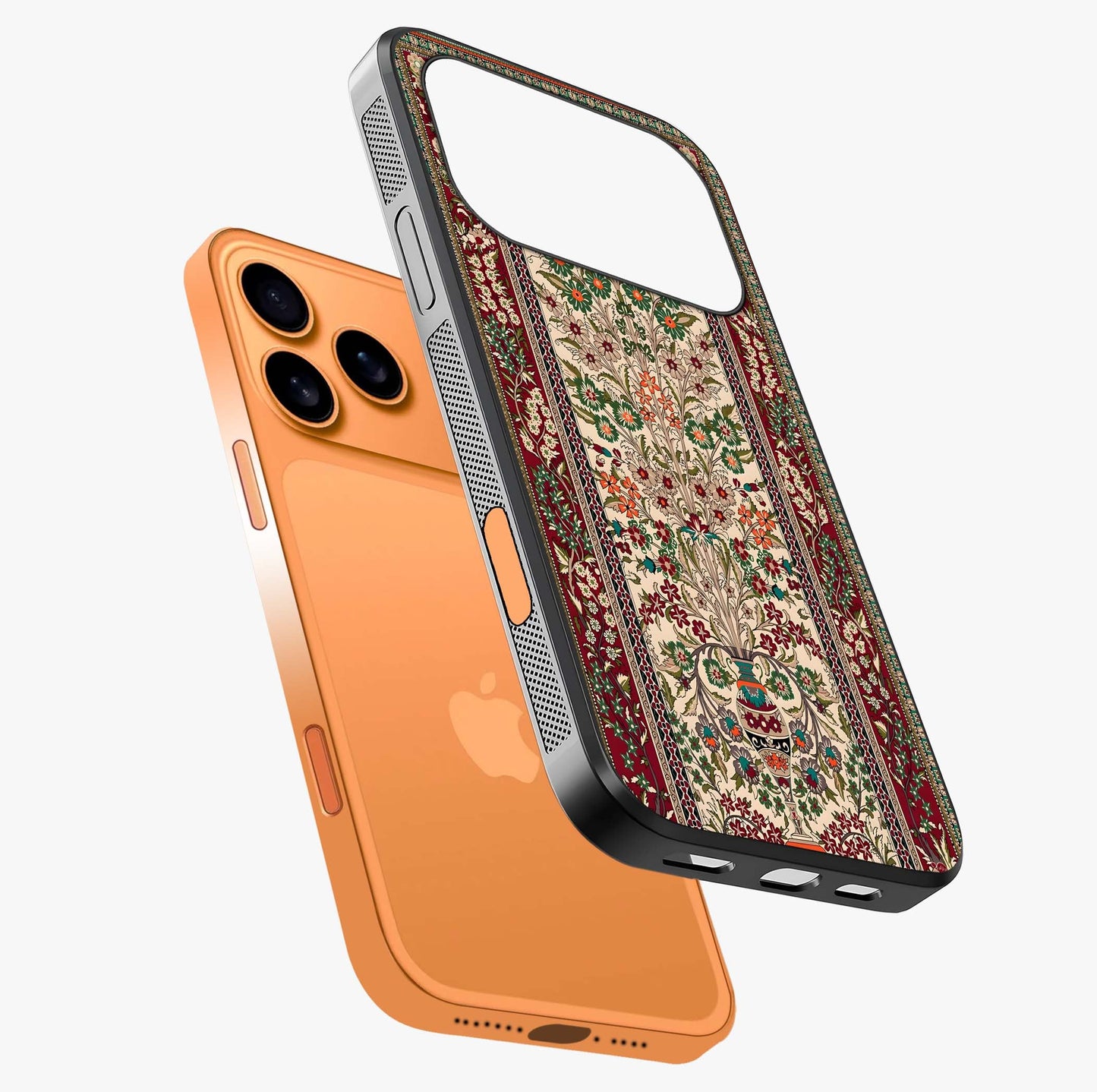 Persian Inspired Glass Case laid diagonally highlighting side profile, edges and glossy glass shine.