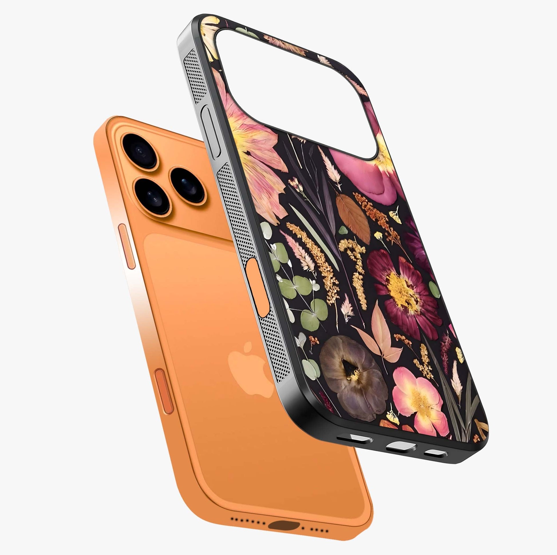 Petal Dream Tapestry Glass Case laid diagonally highlighting side profile, edges and glossy glass shine.