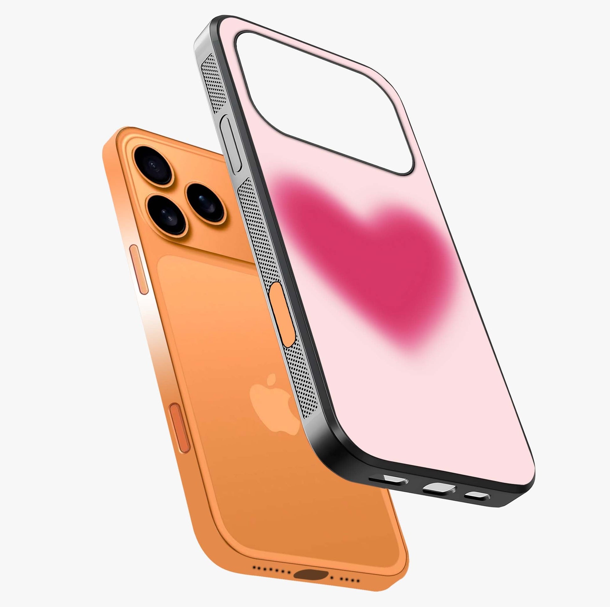 Pink Aura Heart Glass Case laid diagonally highlighting side profile, edges and glossy glass shine.