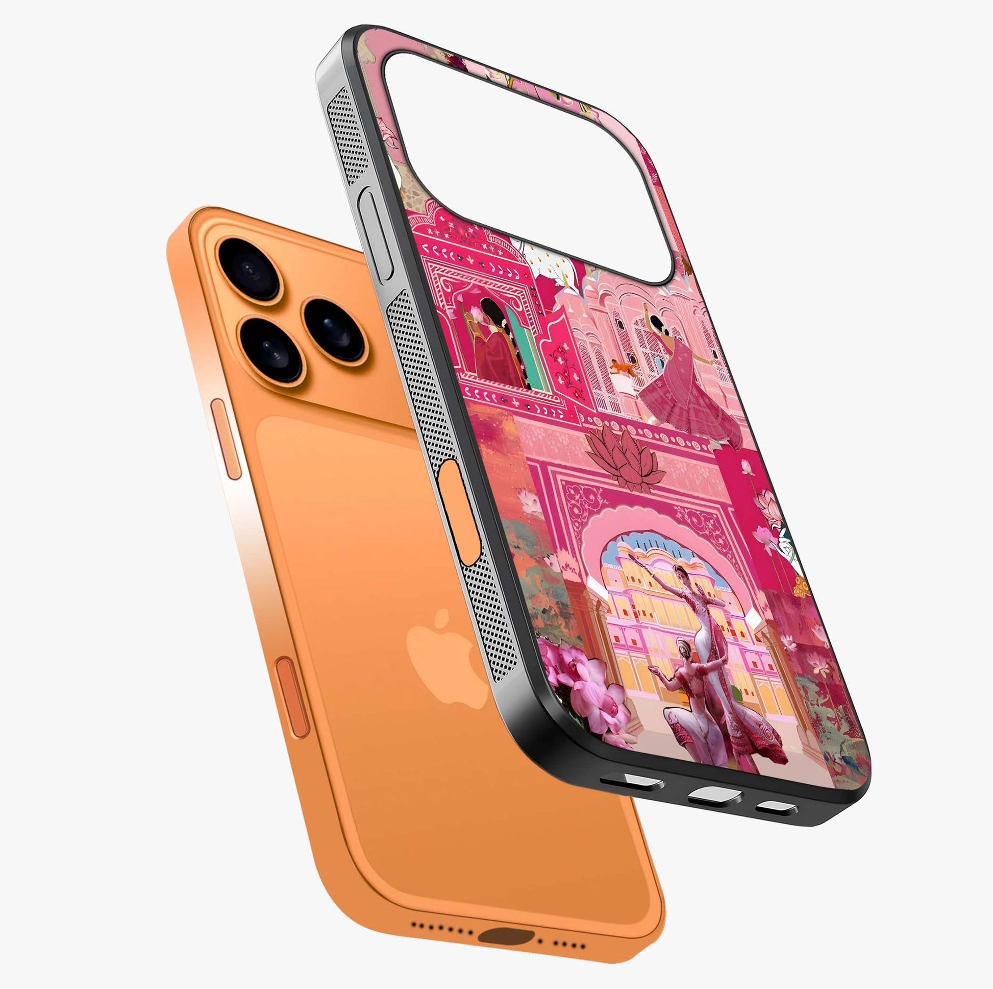 Pink Palace Muse Glass Case laid diagonally highlighting side profile, edges and glossy glass shine.