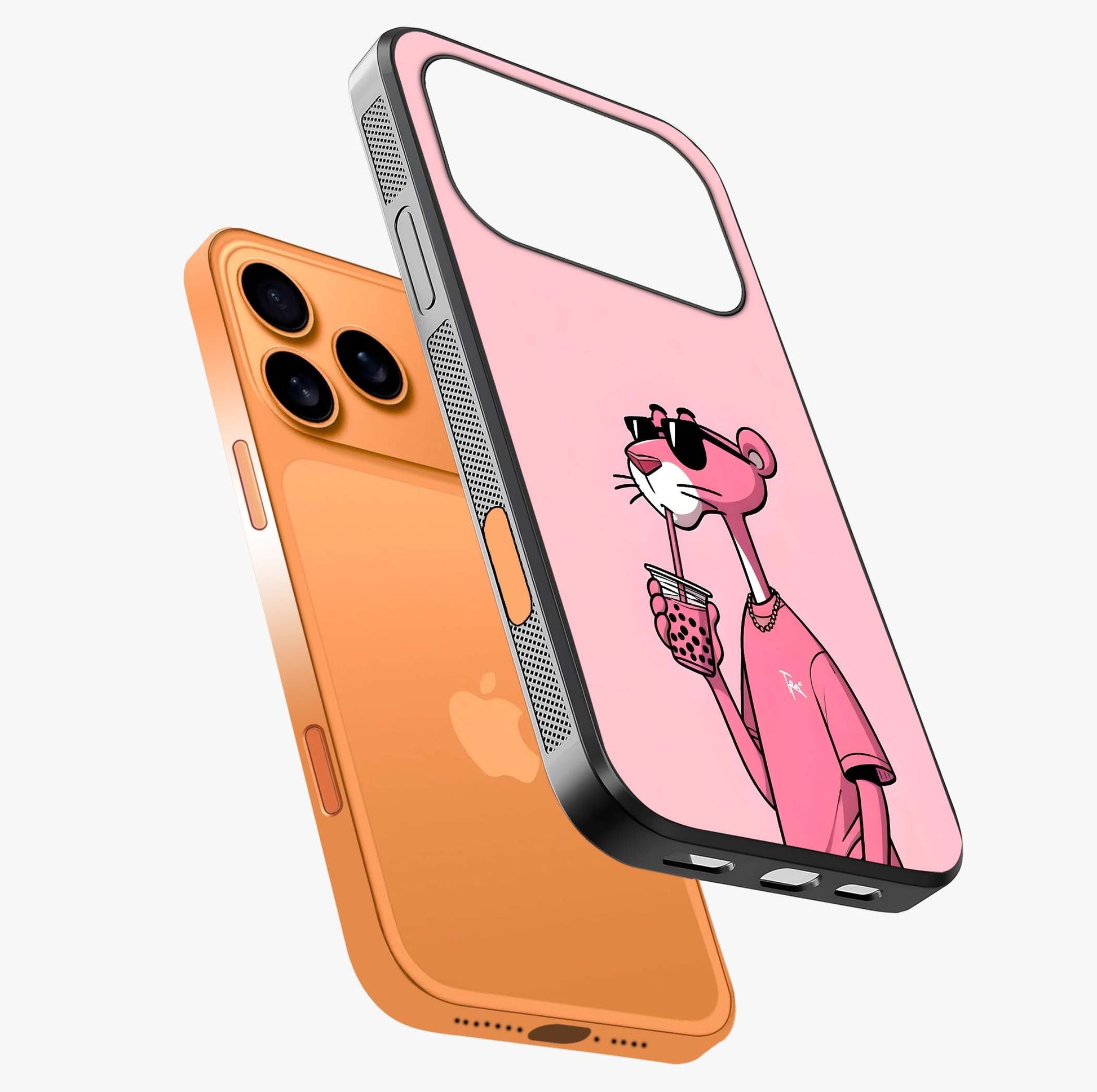 Pink Panther Glass Case laid diagonally highlighting side profile, edges and glossy glass shine.