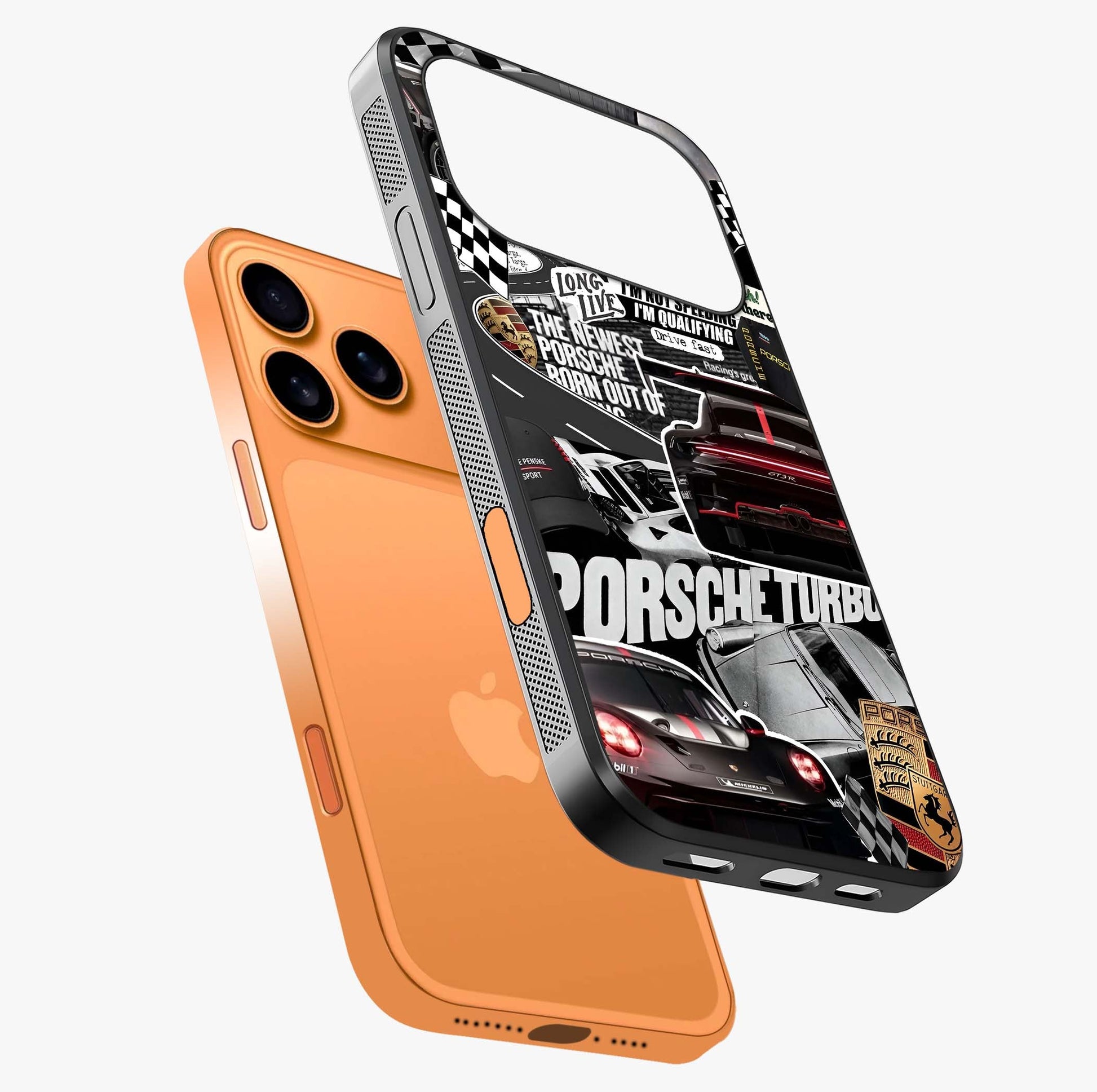 Porsche Racing Collage Glass Case laid diagonally highlighting side profile, edges and glossy glass shine.