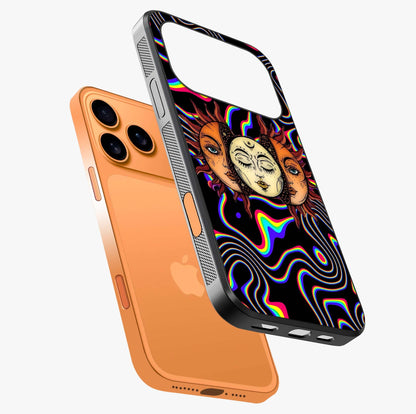 Psychedelic Sun Glass Case laid diagonally highlighting side profile, edges and glossy glass shine.