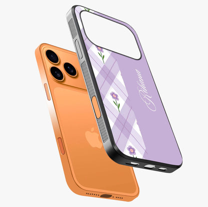 Purple Diamond Floral Glass Case laid diagonally highlighting side profile, edges and glossy glass shine.