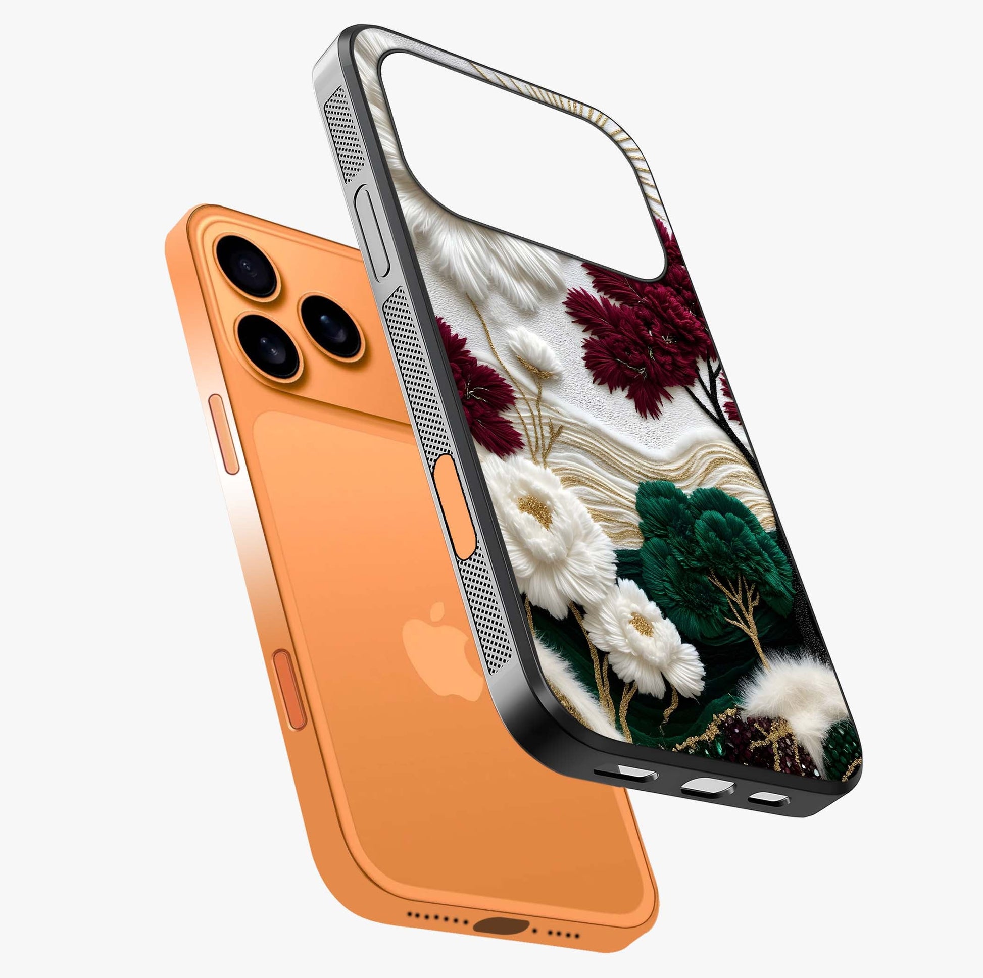 Radiant Bloom Elegance Glass Case laid diagonally highlighting side profile, edges and glossy glass shine.