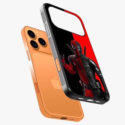 Red & Black Deadpool Theme Glass Case laid diagonally highlighting side profile, edges and glossy glass shine.