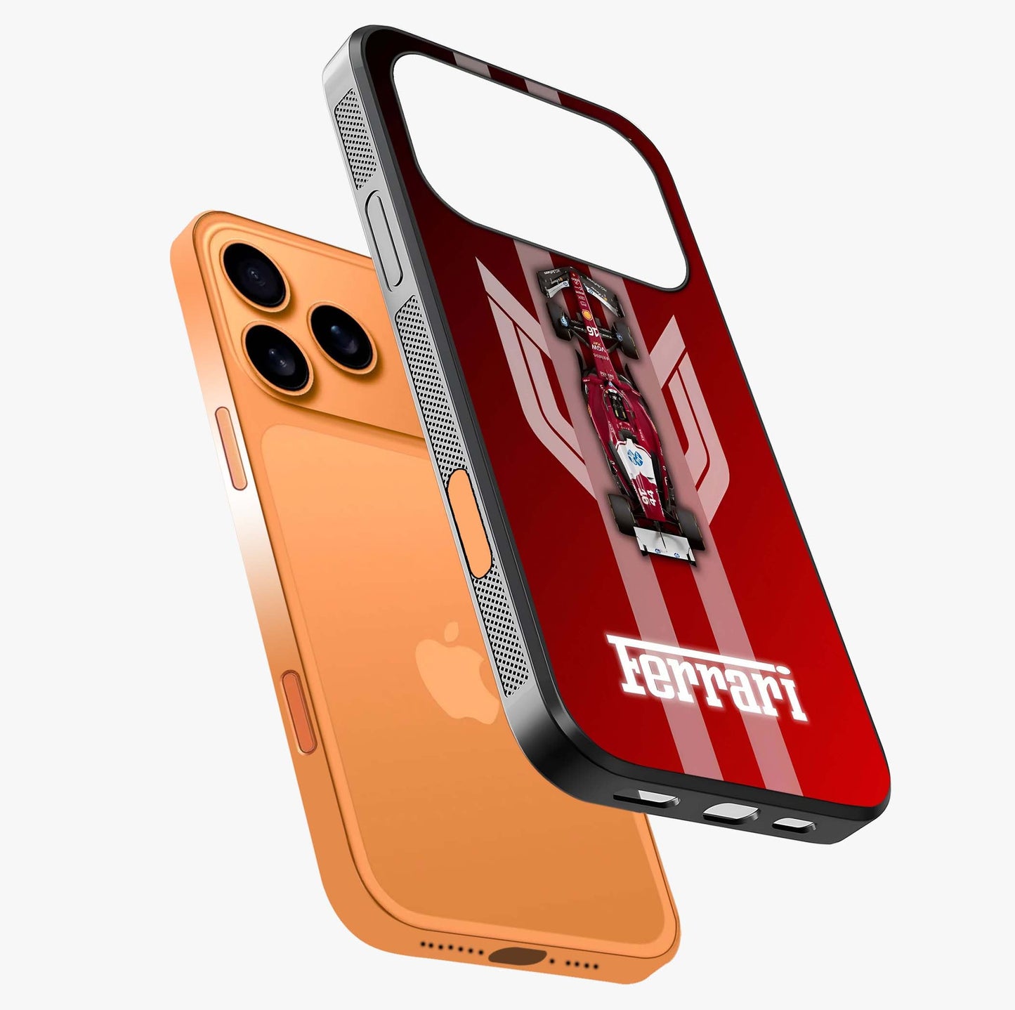 Red Ferrari F1 Vertical Glass Case laid diagonally highlighting side profile, edges and glossy glass shine.