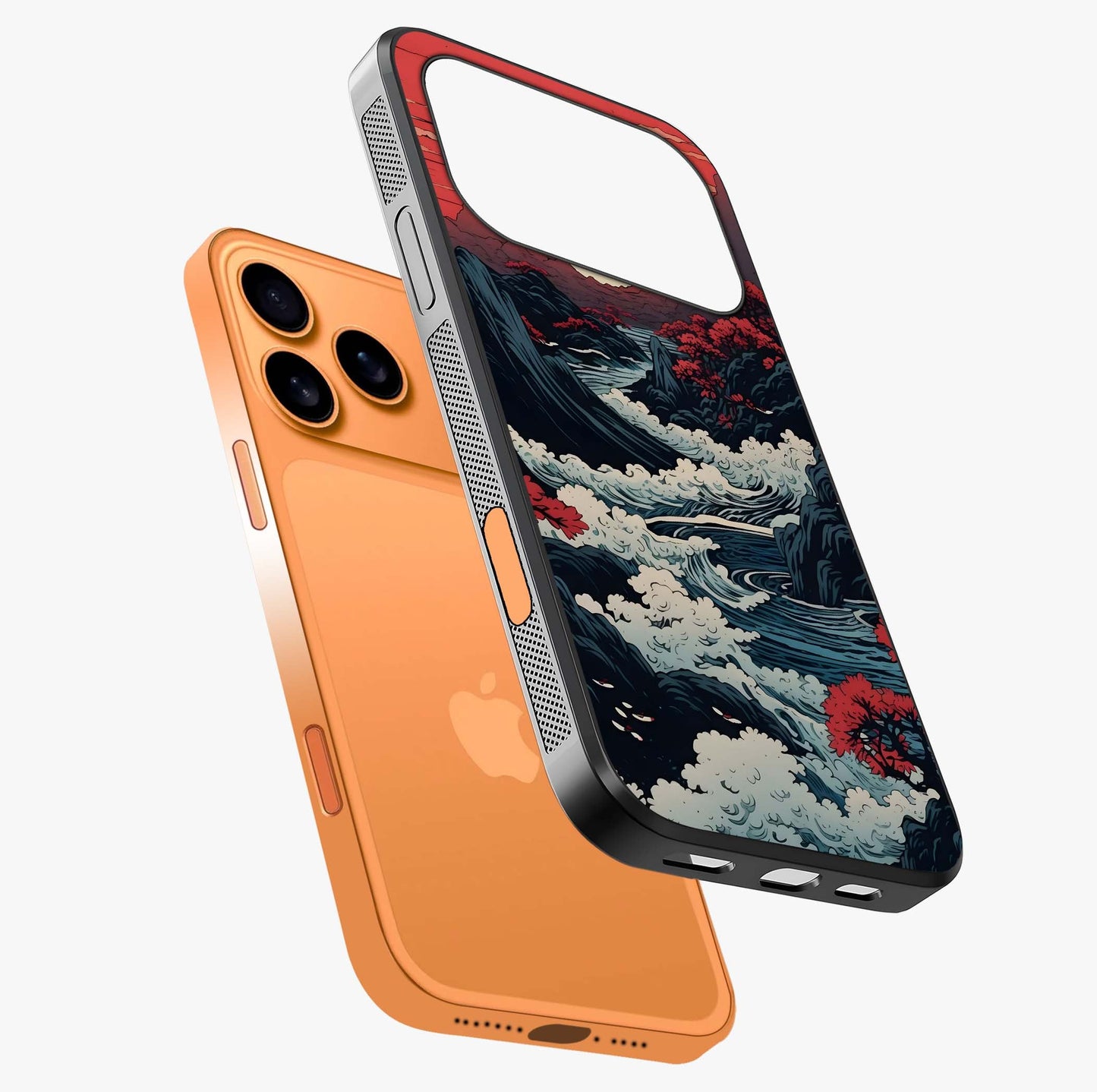 Red Sunset Scenery Glass Case laid diagonally highlighting side profile, edges and glossy glass shine.