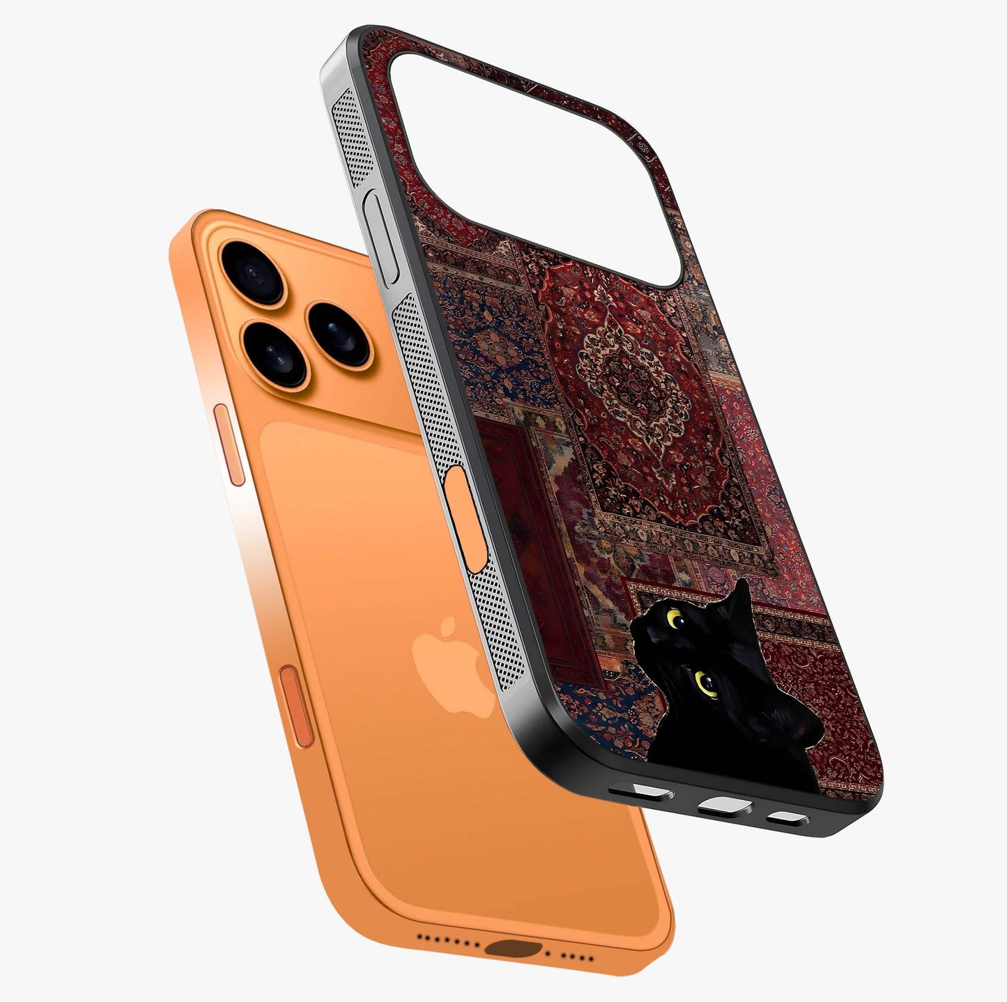 Regal Magic Cat Apple Glass Case laid diagonally highlighting side profile, edges and glossy glass shine.
