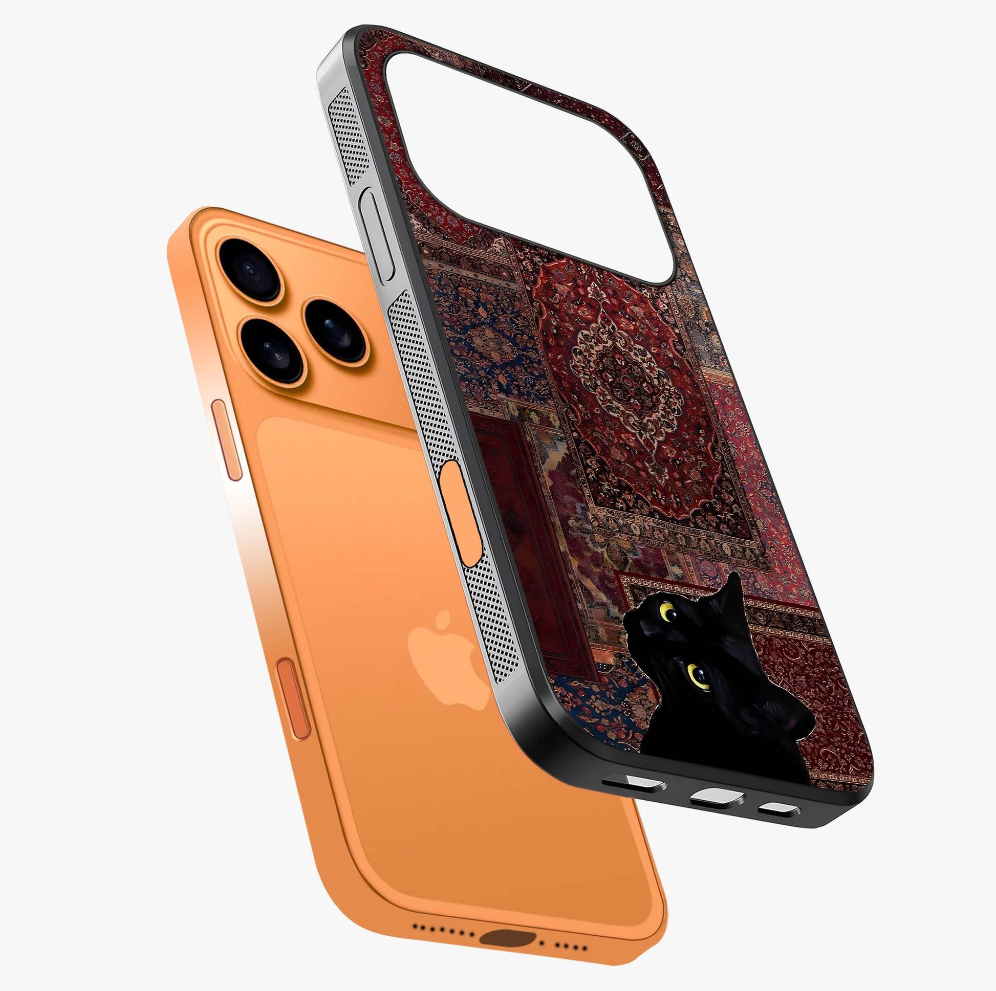 Regal Magic Cat Apple Glass Case laid diagonally highlighting side profile, edges and glossy glass shine.