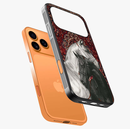 Regal Stallion Tapestry Glass Case laid diagonally highlighting side profile, edges and glossy glass shine.