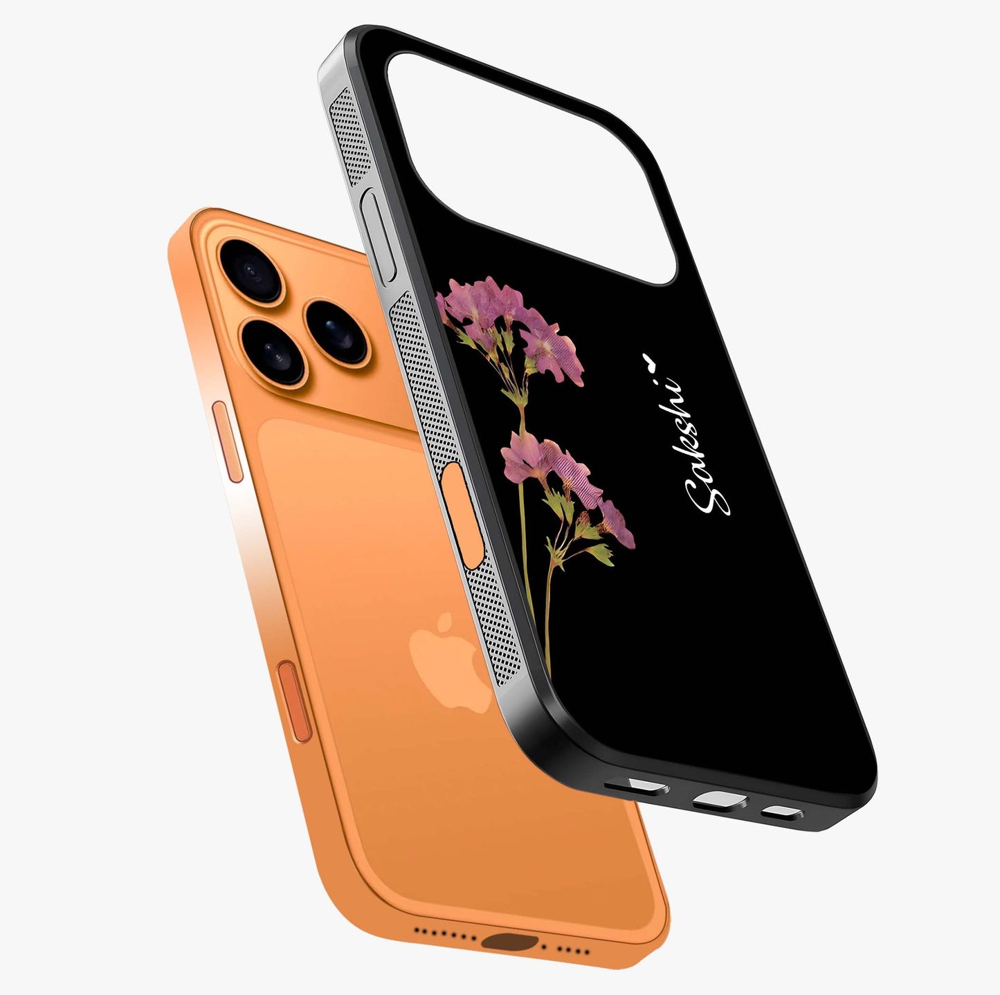Riching Lavender Flower Custom Name Glass Case laid diagonally highlighting side profile, edges and glossy glass shine.