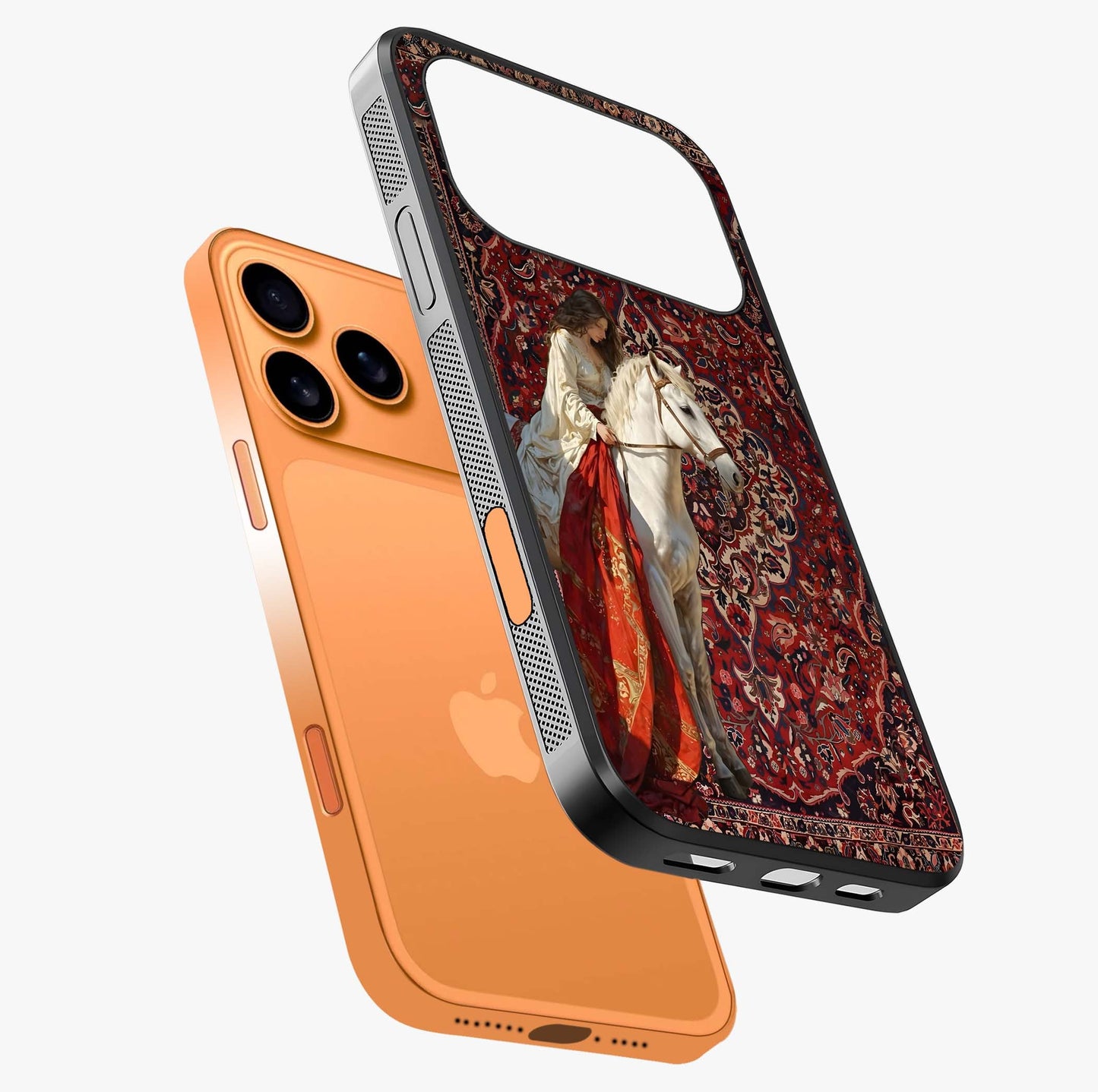 Royal Rider Tapestry Glass Case laid diagonally highlighting side profile, edges and glossy glass shine.