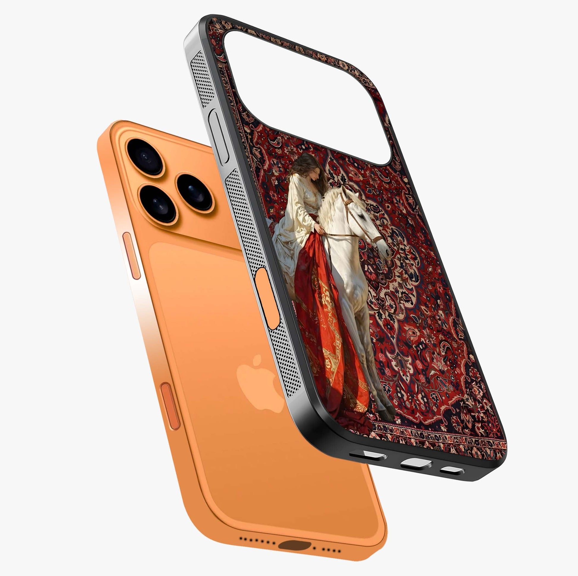 Royal Rider Tapestry Glass Case laid diagonally highlighting side profile, edges and glossy glass shine.