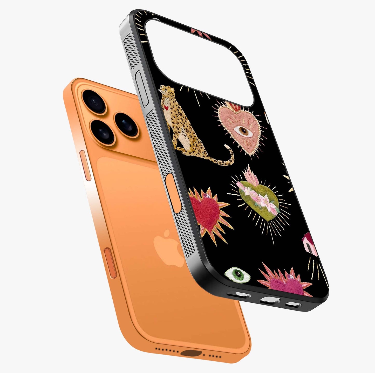 Sacred Jungle Heart Glass Case laid diagonally highlighting side profile, edges and glossy glass shine.
