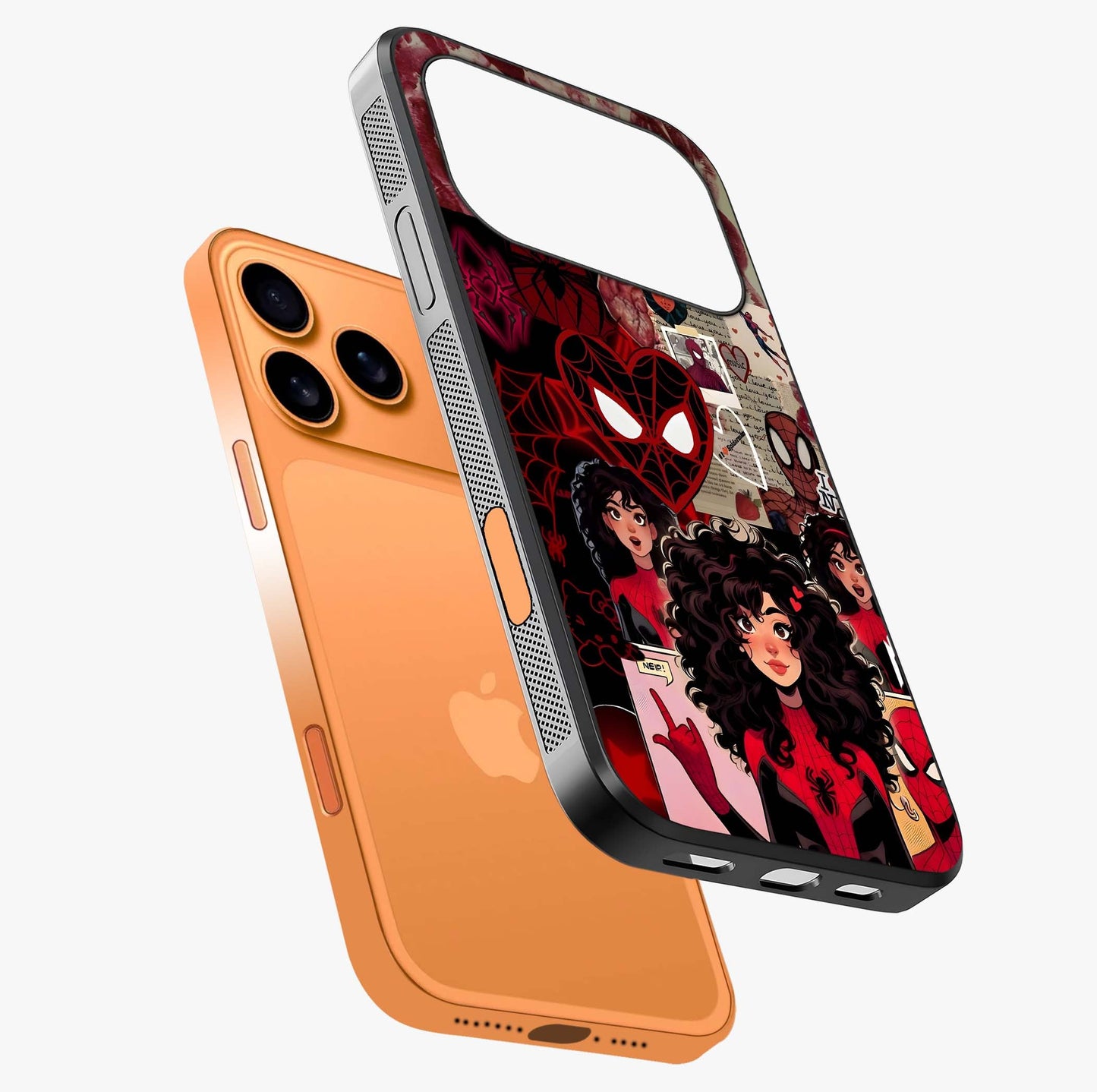 Spider Love Story Glass Case laid diagonally highlighting side profile, edges and glossy glass shine.