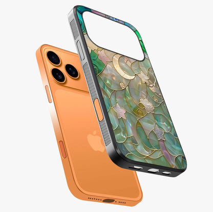 Stained Sunrise Glow Glass Case laid diagonally highlighting side profile, edges and glossy glass shine.