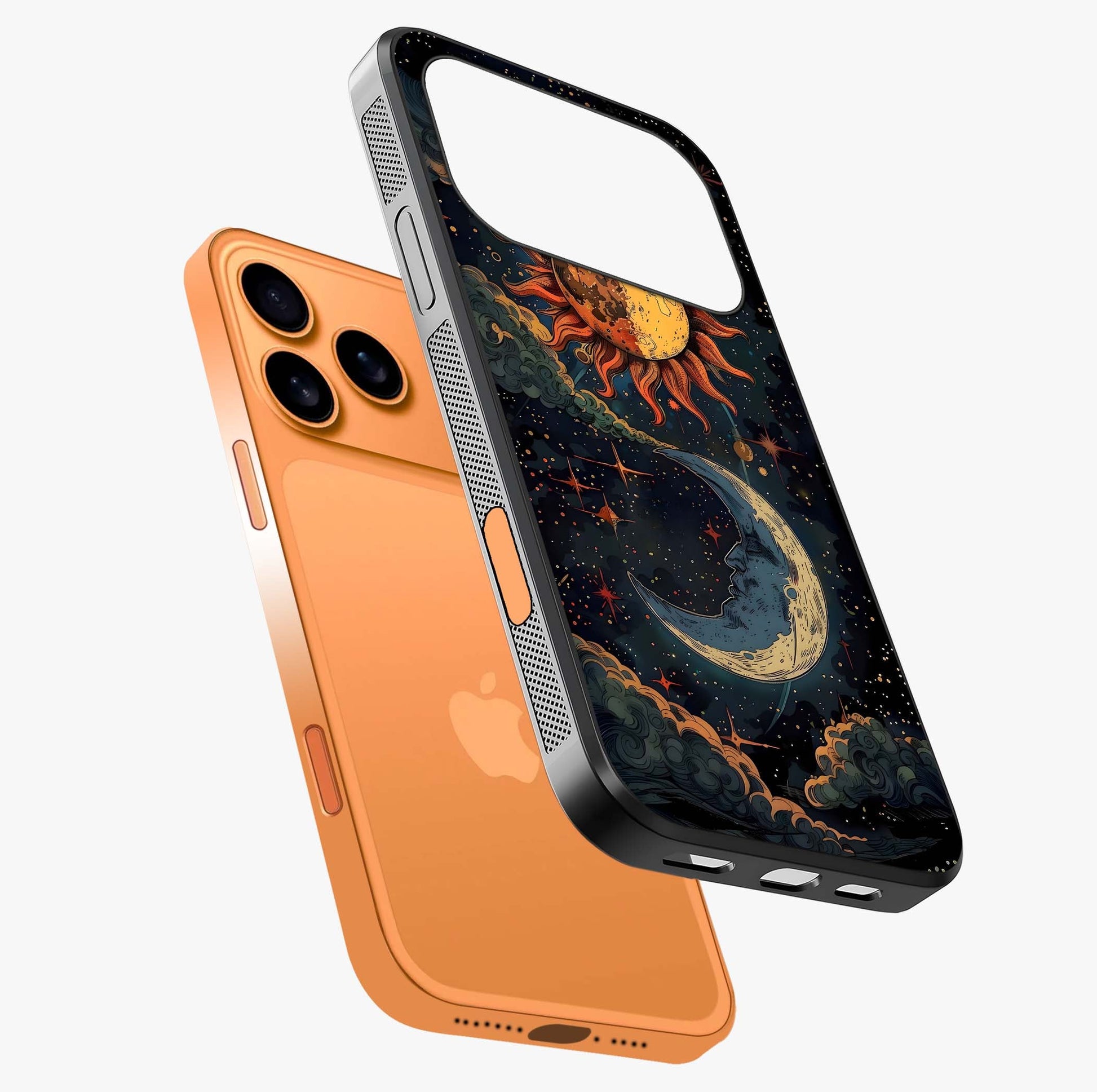 Sun And Moon Magic Design Glass Case laid diagonally highlighting side profile, edges and glossy glass shine.