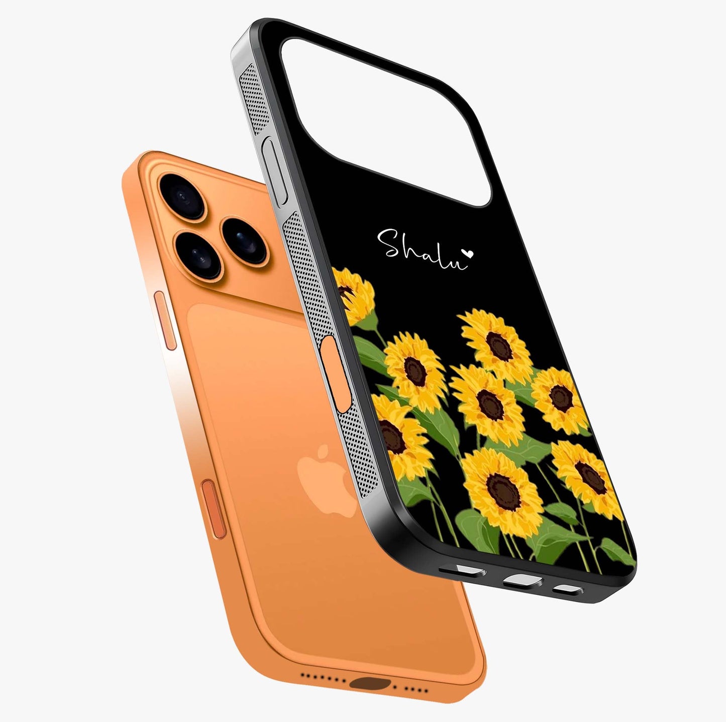 Sunflower Chic Mood Custom Name Glass Case laid diagonally highlighting side profile, edges and glossy glass shine.