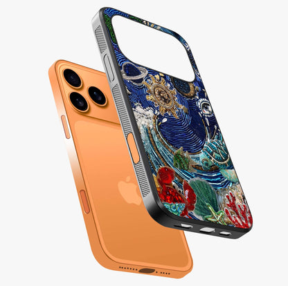 Universe Underwater Spark Glass Case laid diagonally highlighting side profile, edges and glossy glass shine.