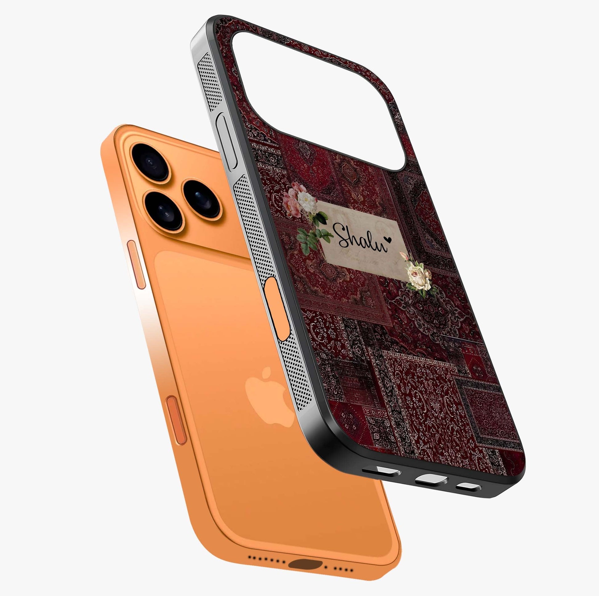 Velvet Wine Pattern Custom Name Glass Case laid diagonally highlighting side profile, edges and glossy glass shine.