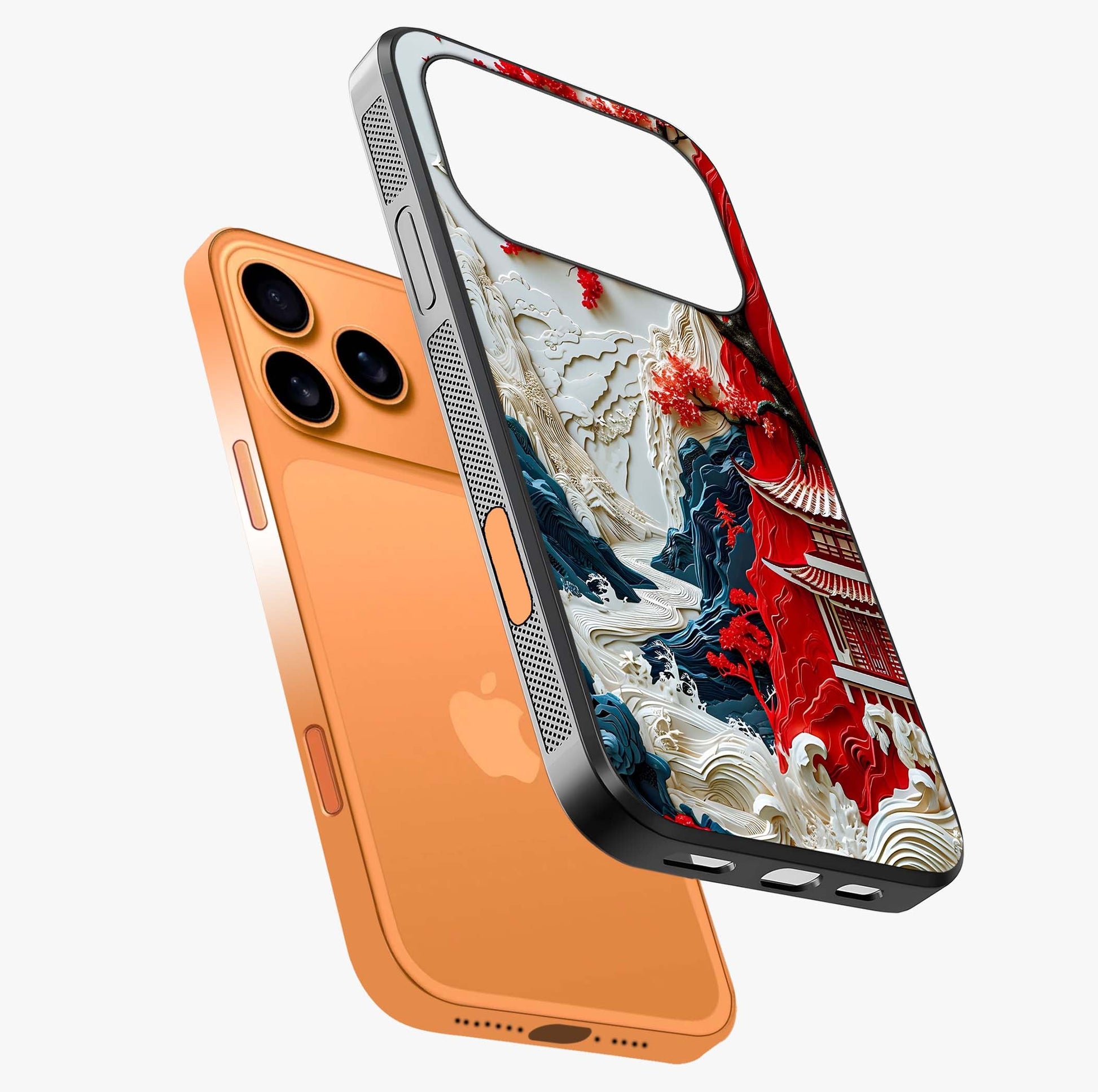 Whispers Of Sakura Waves Glass Case laid diagonally highlighting side profile, edges and glossy glass shine.