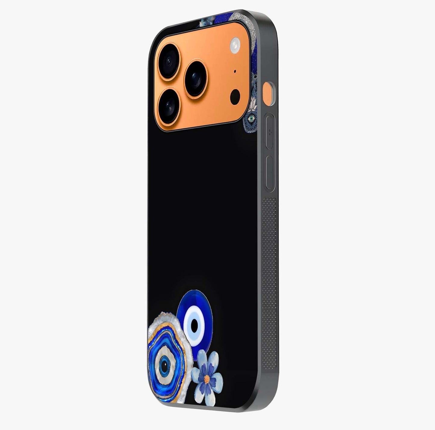 Aesthetic Blue Evil Eye Glass Case photographed in natural light showing reflective finish and design depth.