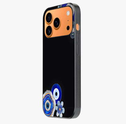 Aesthetic Blue Evil Eye Glass Case photographed in natural light showing reflective finish and design depth.