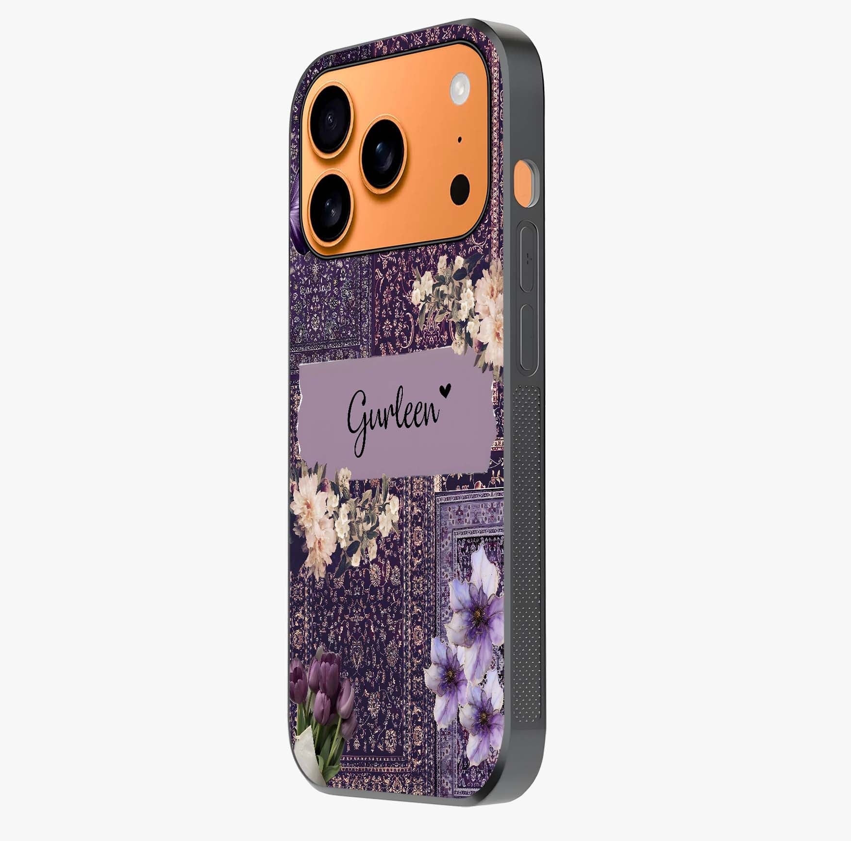 Antique Floral Whisper Custom Name Glass Case photographed in natural light showing reflective finish and design depth.