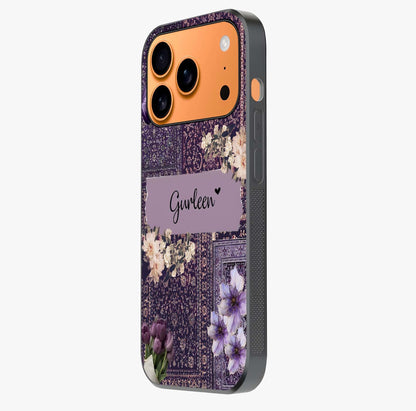 Antique Floral Whisper Custom Name Glass Case photographed in natural light showing reflective finish and design depth.